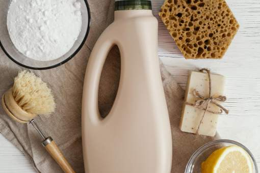 cleaning products arrangement flat lay